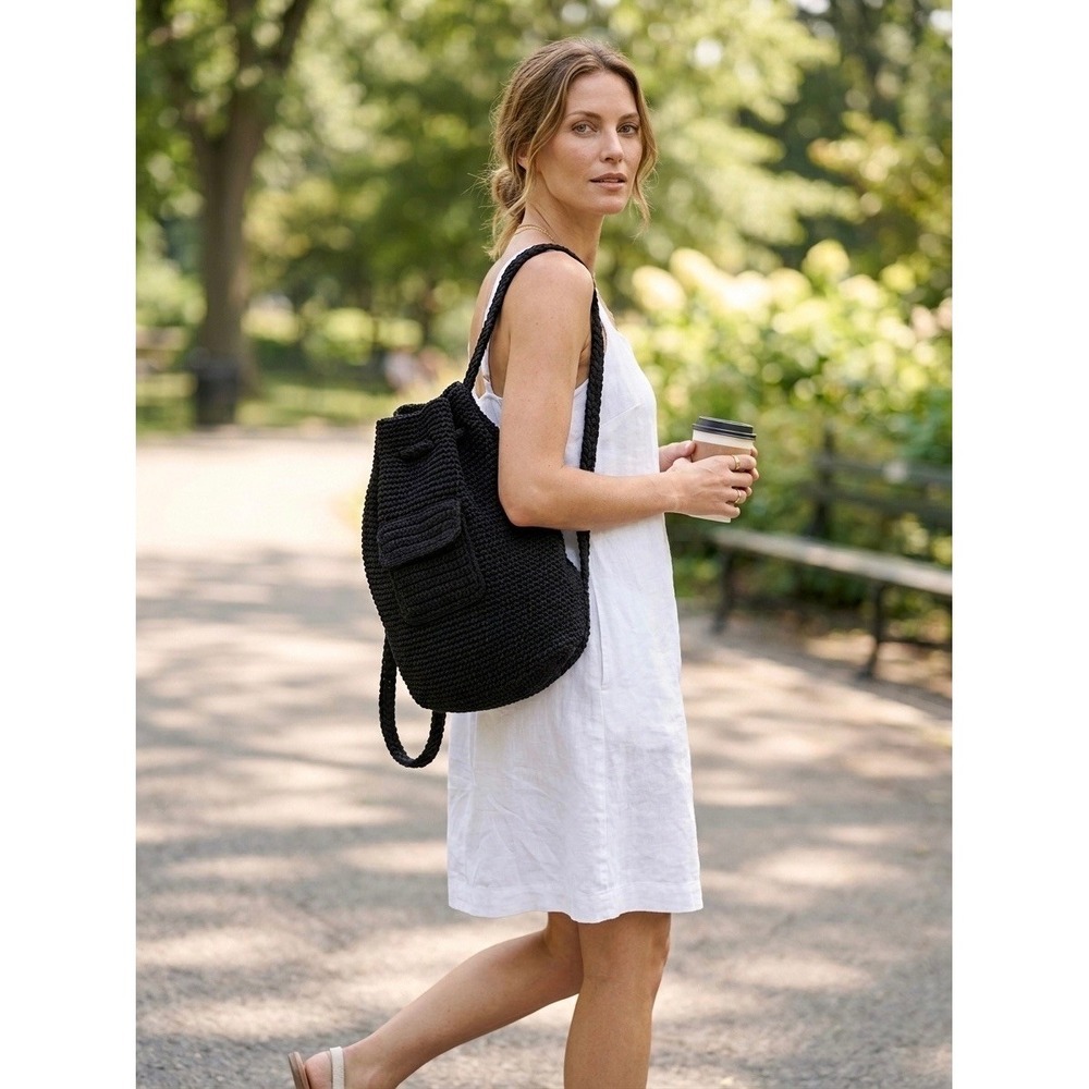 The Sak Black Crochet Drawstring Backpack Knit Shoulder Bag Pocket